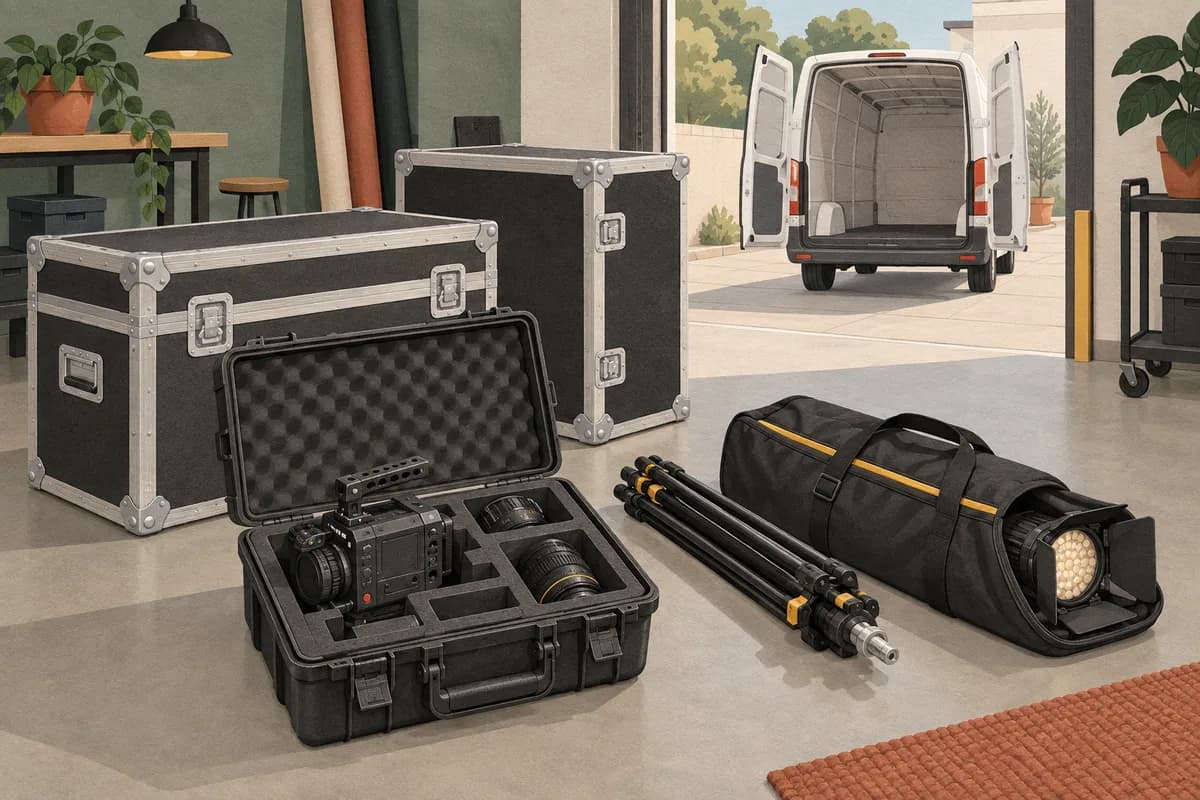 Illustration of a camera and lenses in a foam-lined case, closed flight cases and lighting equipment beside a van.