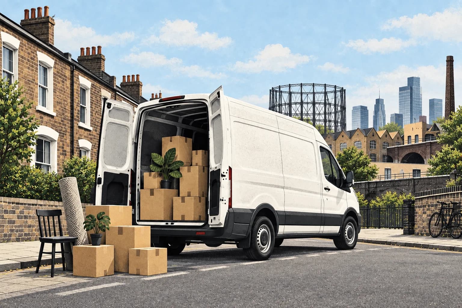 Illustration of a moving van and boxes on an East London street