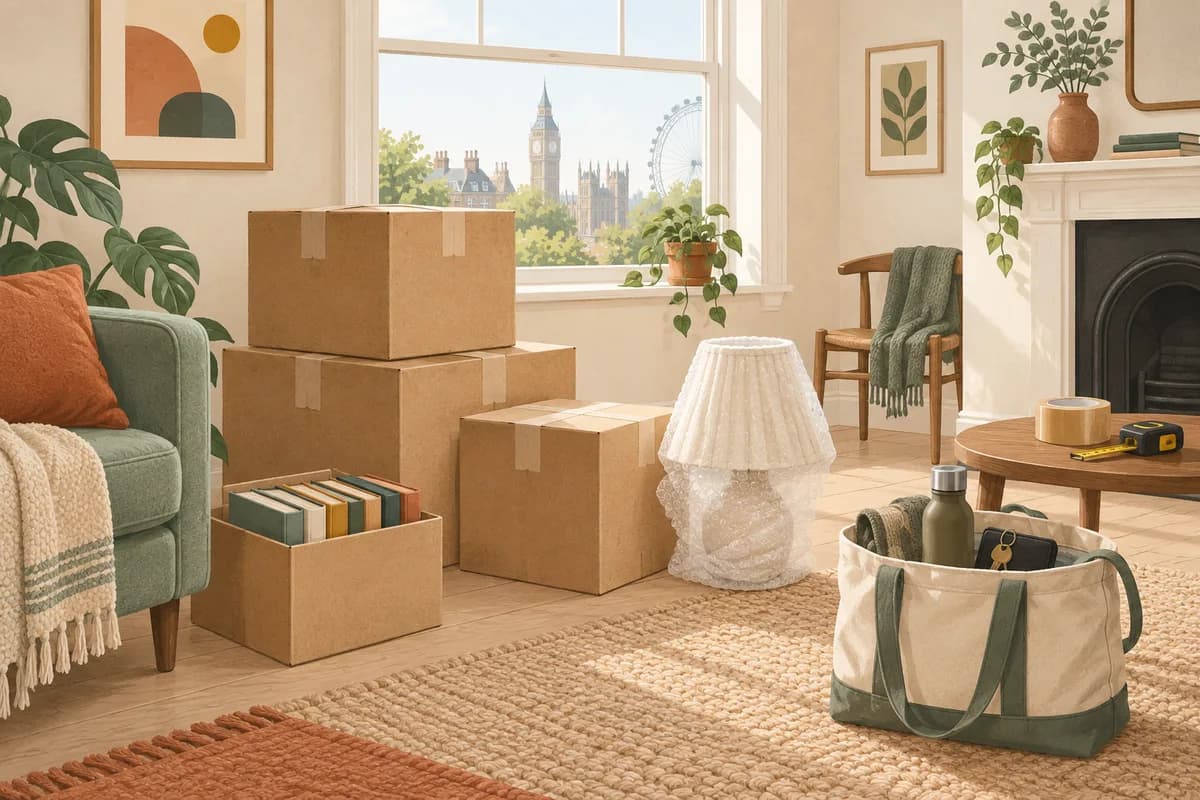 Illustration of taped moving boxes, a small box of books, a wrapped lamp and a separate essentials bag.