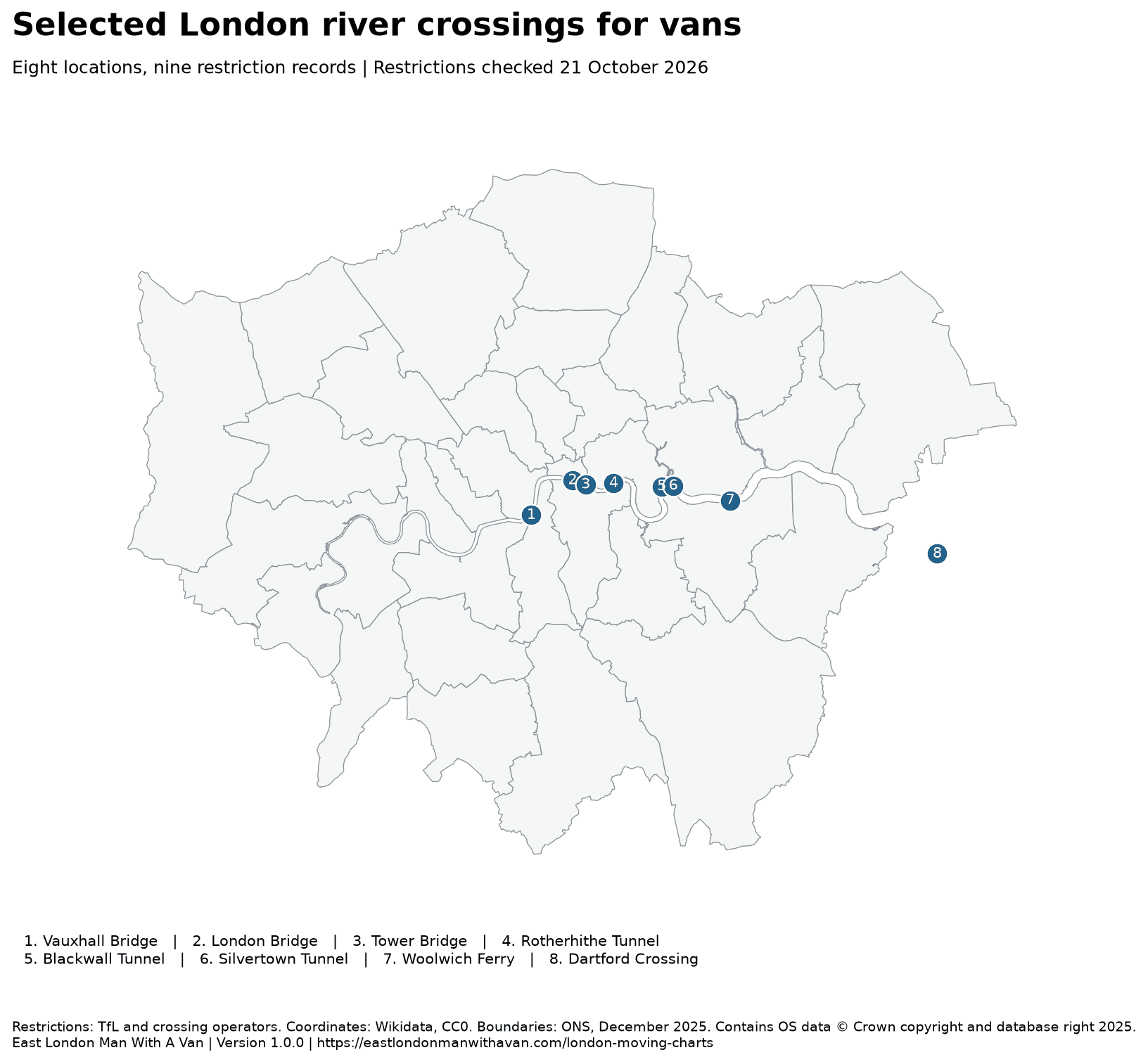 Locator map of eight selected river crossing locations, with the two Blackwall directions recorded separately in the restriction table.
