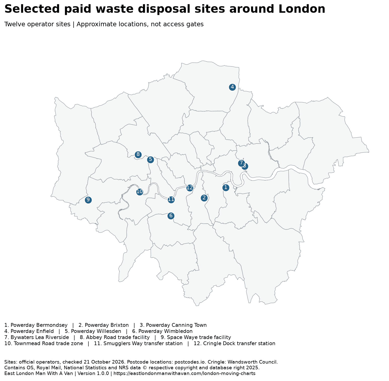 Map locating the approximate areas of twelve selected paid disposal sites. Eleven points use postcode centroids; Cringle Dock uses the council map marker.