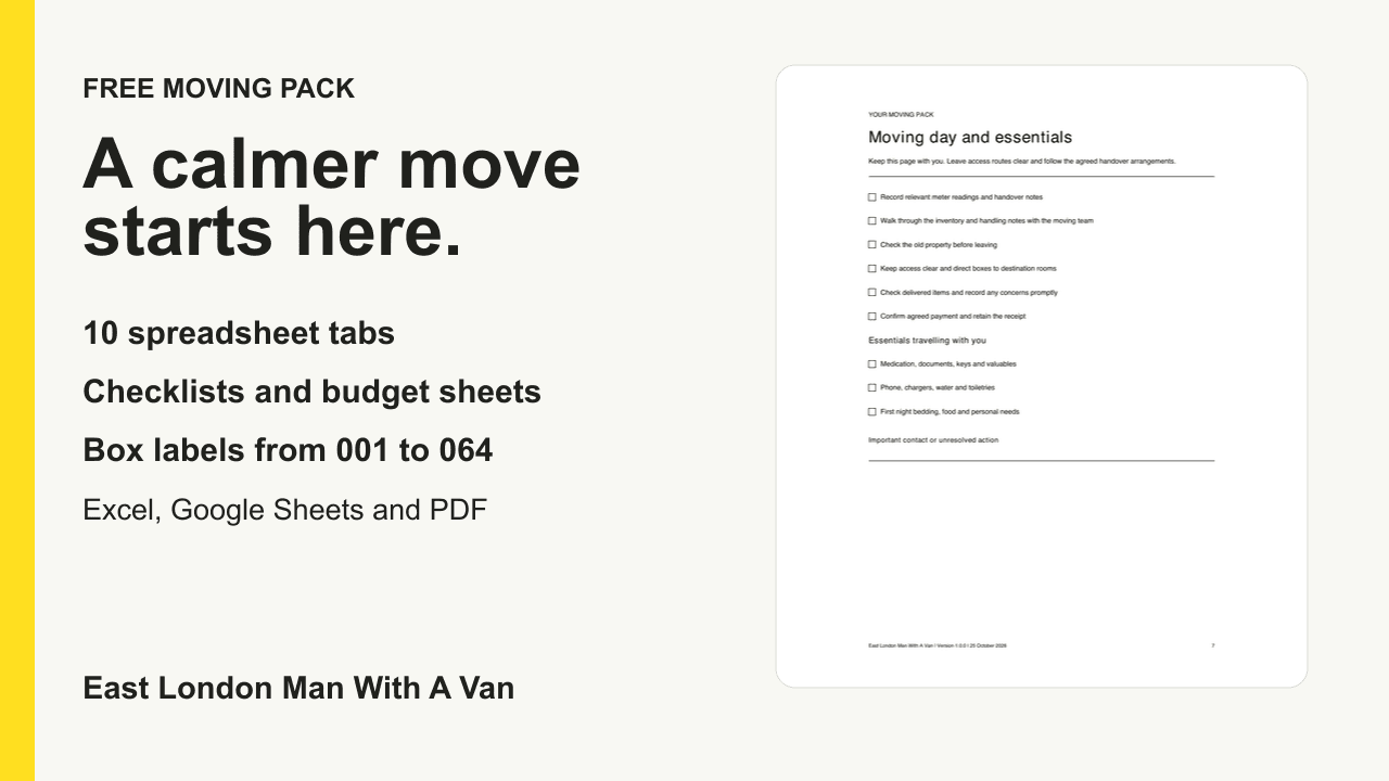 The moving pack includes ten spreadsheet tabs, printable checklists and numbered box labels. The moving day checklist is shown.