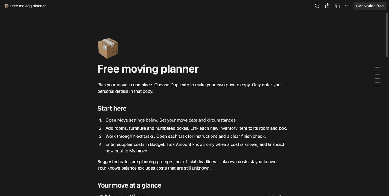 The free Notion moving planner begins with setup instructions for the move date, inventory, tasks and budget.
