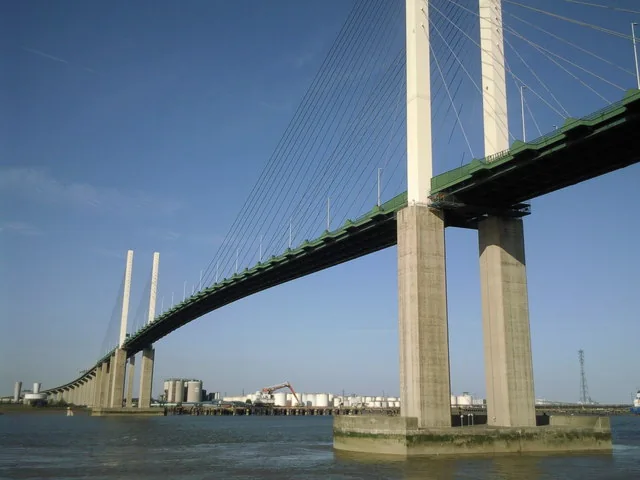 The cable stayed Queen Elizabeth II Bridge spanning the Thames at Dartford.