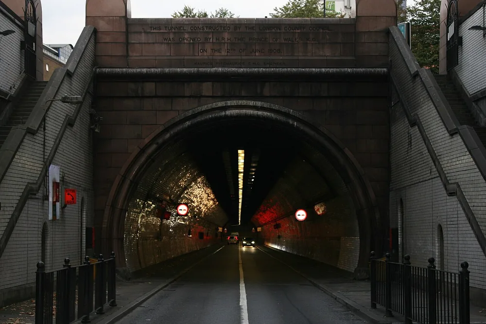 Northern entrance to Rotherhithe Tunnel with its stone portal and roadway.